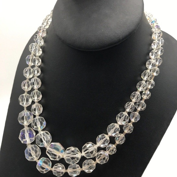 Vintage Clear AB Aurora Borealis Crystal Graduated Double Strand Necklace - Picture 3 of 7